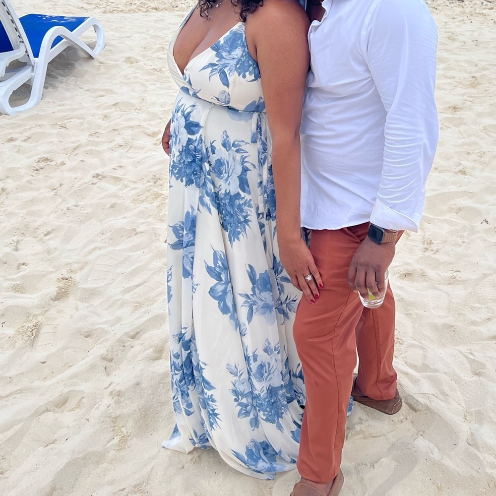 LULU'S Cream and Blue Floral Print Wrap Maxi Dress light Blue